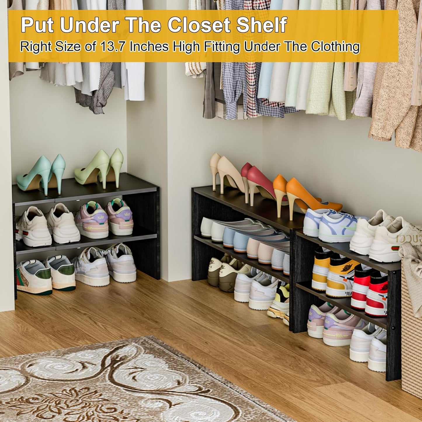 White Shoe Rack Organizer for Closet, 2-Tier Expandable Shoe Shelf, Stackable Iron Wood Combination Small Shoe Racks Shelves for Closets, Entryway,Small Space,Hallway,Bedroom,Bathroom,6-12 Pairs