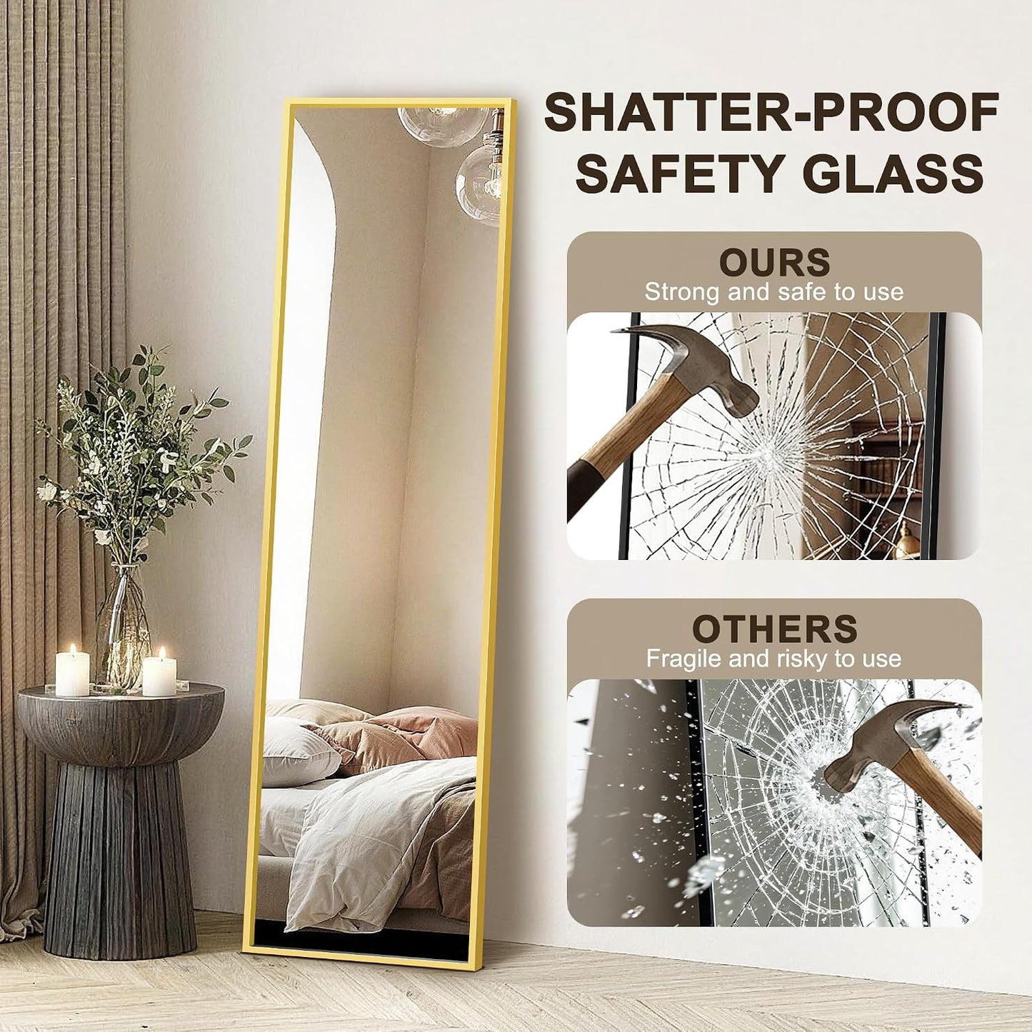 FICTOR Full Length Mirror with Stand, Floor Standing Mirror Full Body, HD Shatterproof Black Frame Wall Mirror for Bedroom, Living Room, Dressing Room & Entryway, 56"x15"