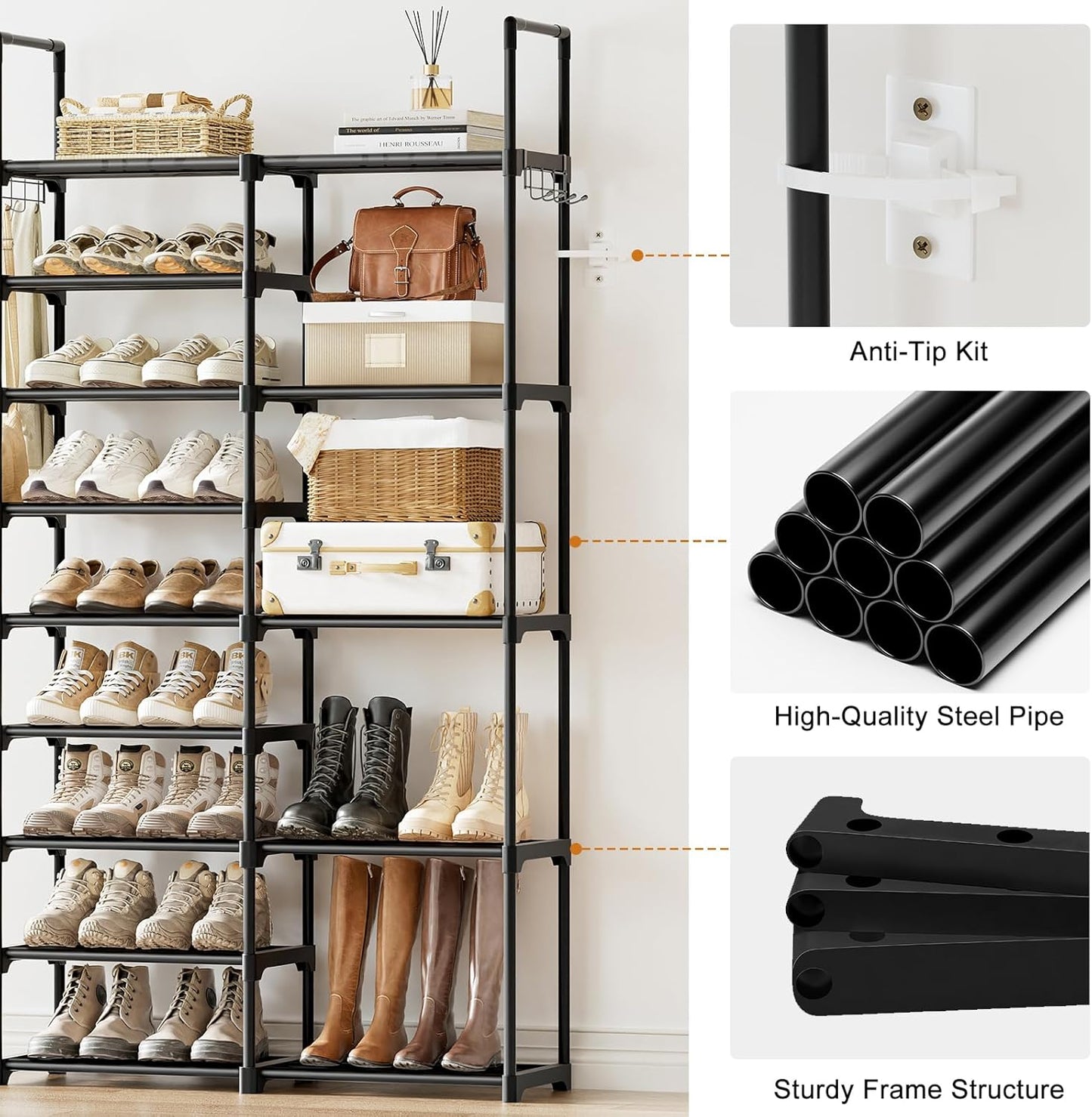 WOWLIVE 9 Tiers Large Shoe Rack Storage Organizer for Closet 50-55 Pairs Shoe Tower Unit Shelf Stackable Shoe Rack with Metal Pipes Plastic Connectors Black(SSS3B9)
