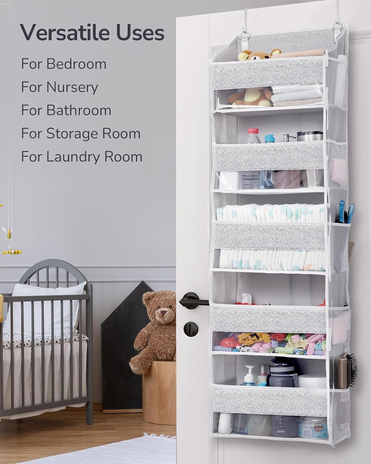 ULG 1 Pack Over Door Organizer with 5 Large Pockets 10 Mesh Side Pockets, Upgraded Linen Texture Over The Door Storage, 44 lbs Weight Capacity Hanging Storage Organizer, Ivory