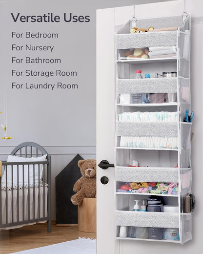 ULG 1 Pack Over Door Organizer with 5 Large Pockets 10 Mesh Side Pockets, Upgraded Linen Texture Over The Door Storage, 44 lbs Weight Capacity Hanging Storage Organizer, Ivory