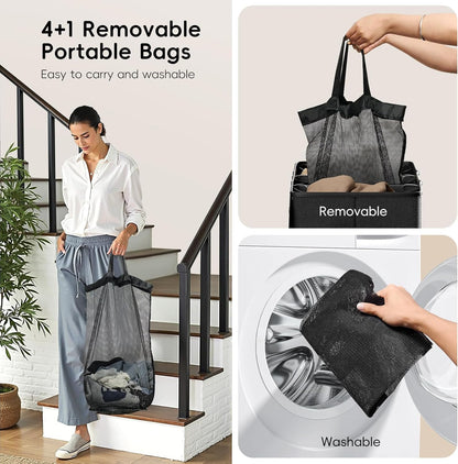 185L Laundry Hamper 3 Section, Laundry Hamper with Lid, Dirty Clothes Hamper with 3 Removable Washing Bags, Extra Large Laundry Basket Organizer for Bedroom, Laundry Room, Dorm - Black