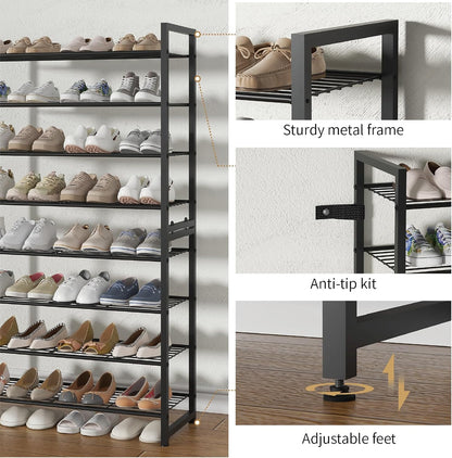 Stackable Shoe Rack, 6 Tier Metal Shoes Rack Storage Organizer,Large Capacity Shoe Shelf Max Holds 30 Pairs of Shoes,Sturdy and Stable, for Closet, Entryway,Garage，Black