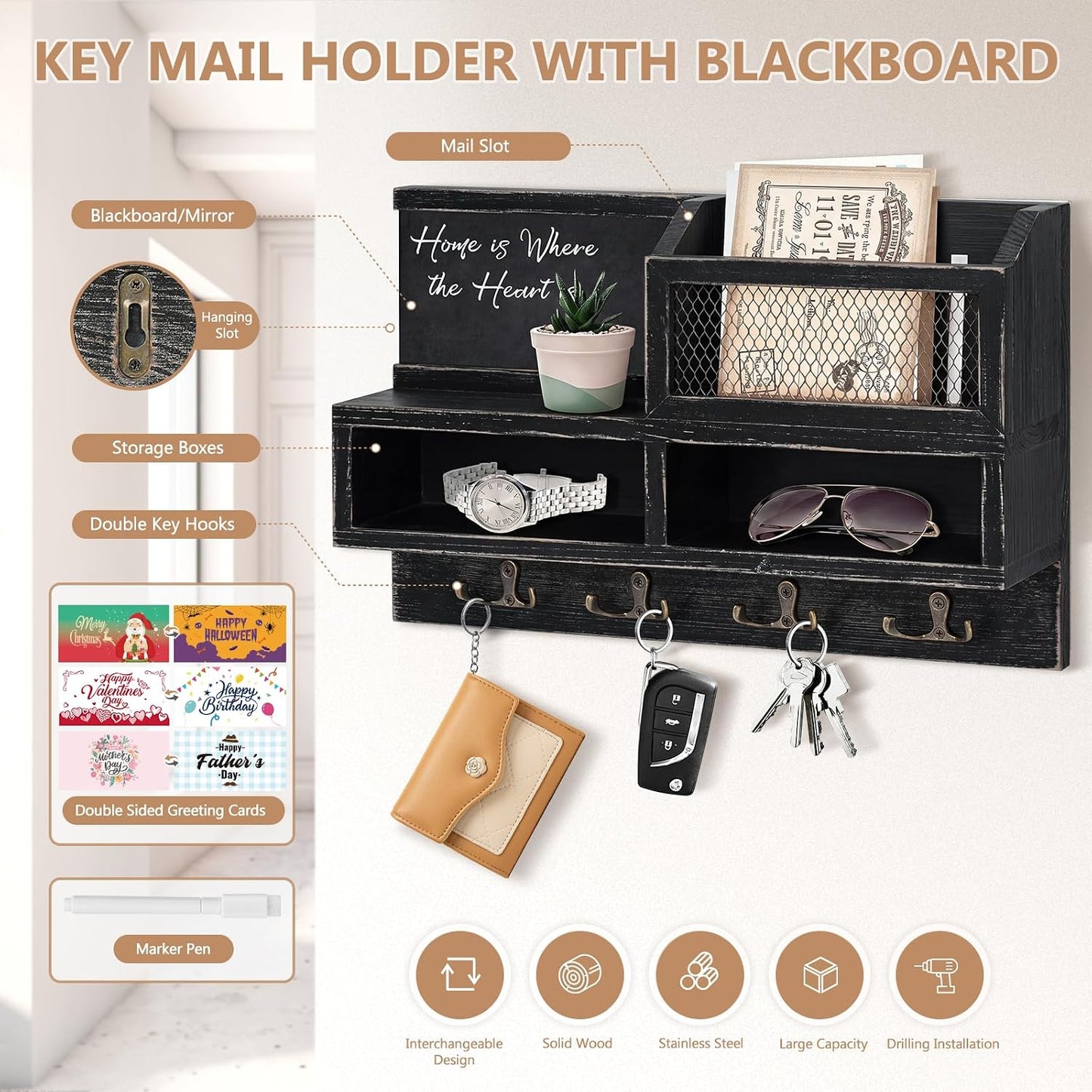 Key Holder Wall Mount, Wooden Mail and Key Organizer with Chalkboard and Mirror, 3 Greeting Cards, 8 Hooks, Brown