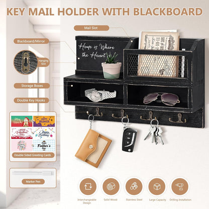 Key Holder Wall Mount, Wooden Mail and Key Organizer with Chalkboard and Mirror, 3 Greeting Cards, 8 Hooks, Brown