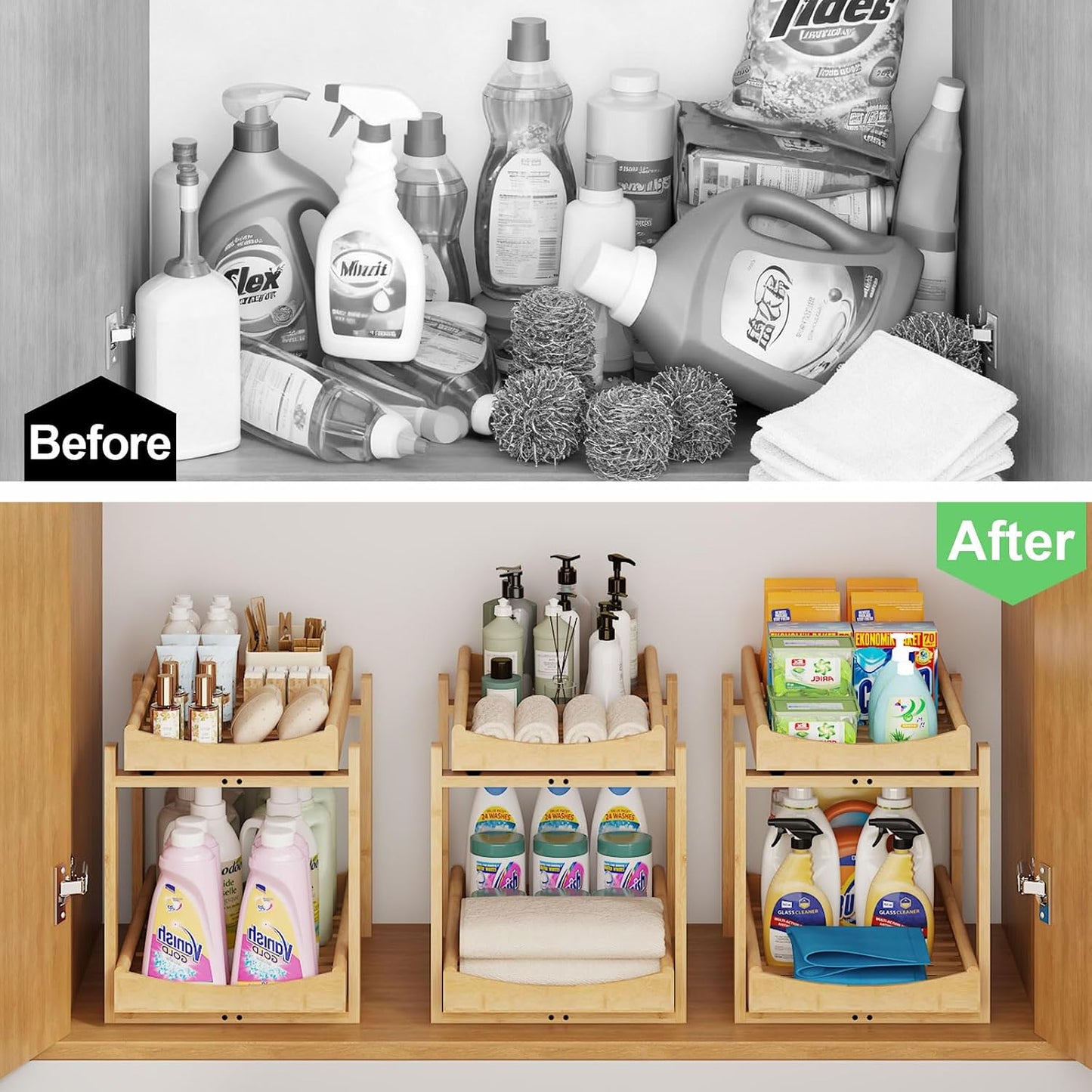 Bamboo Under Sink Organizer and Storage, 2 Pack Pull Out Cabinet Organization, 2 Tier Vertical Slide Out Undersink Storage Shelf, Multi-Purpose Organizer Shelves for Kitchen Bathroom Medicine