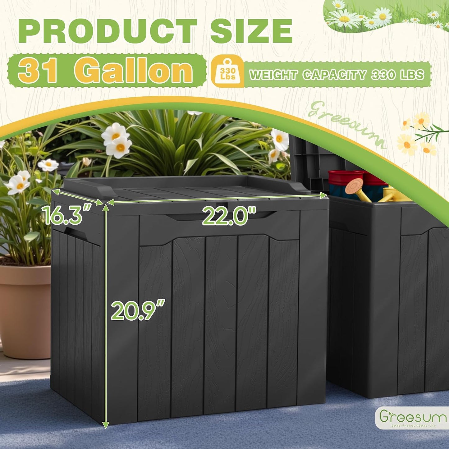 Greesum 31 Gallon Resin Deck Box All Weather Outdoor Storage Boxes for Patio Furniture Set,Outdoor Toys,Garden Tools,Black