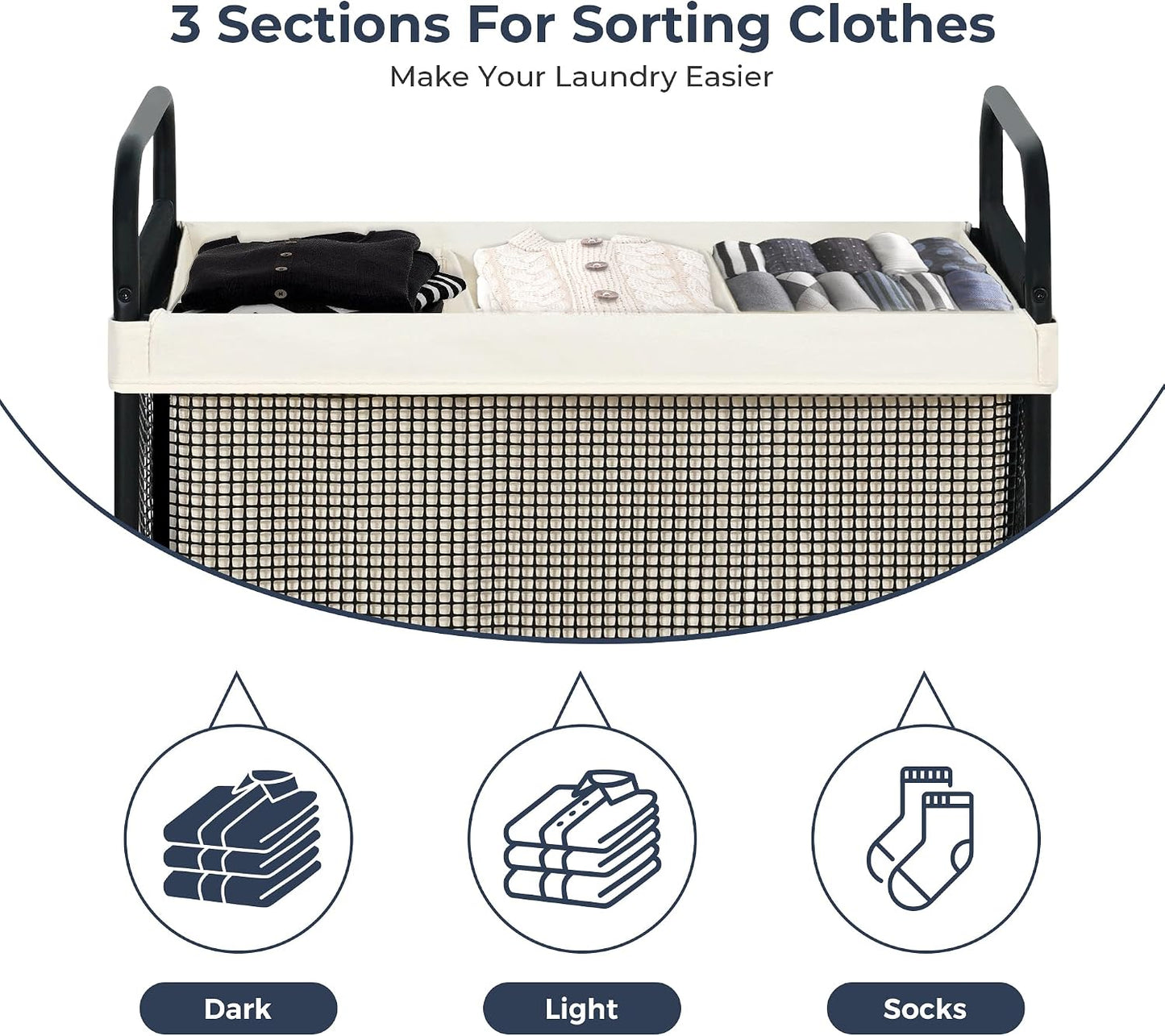 STO STO Laundry Hamper 3 Section, 120L Rolling Laundry Sorter Cart with Removable and Washable Liner Bag, Clothes Hamper with Wheels and Metal Handle for Laundry Room and Bedroom
