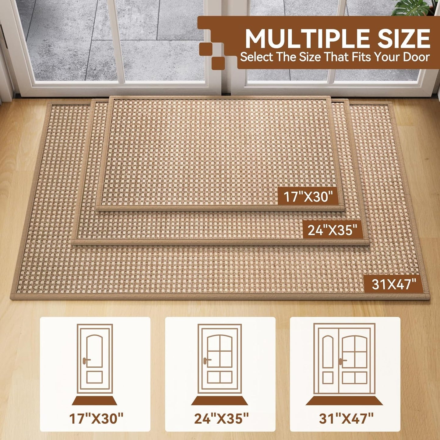 Front Door Mat 17''x30'', Absorbent Dirt Resist Washable Non Slip Low-Profile Indoor Doormat, Easy Clean Welcome Entryway Door Mats, Brown