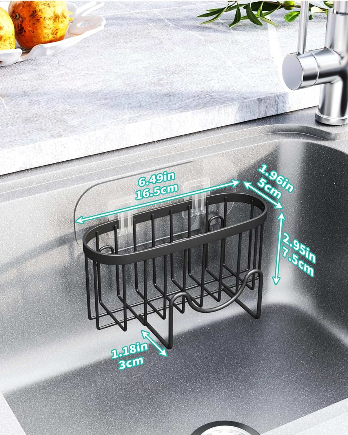 HapiRm Multifunctional Sponge Holder with Unique M-Shaped, 2 Installation Methods Kitchen Sink Caddy Organizer, Rustproof Stainless Steel Kitchen Organizers and Storage Essentials - Black