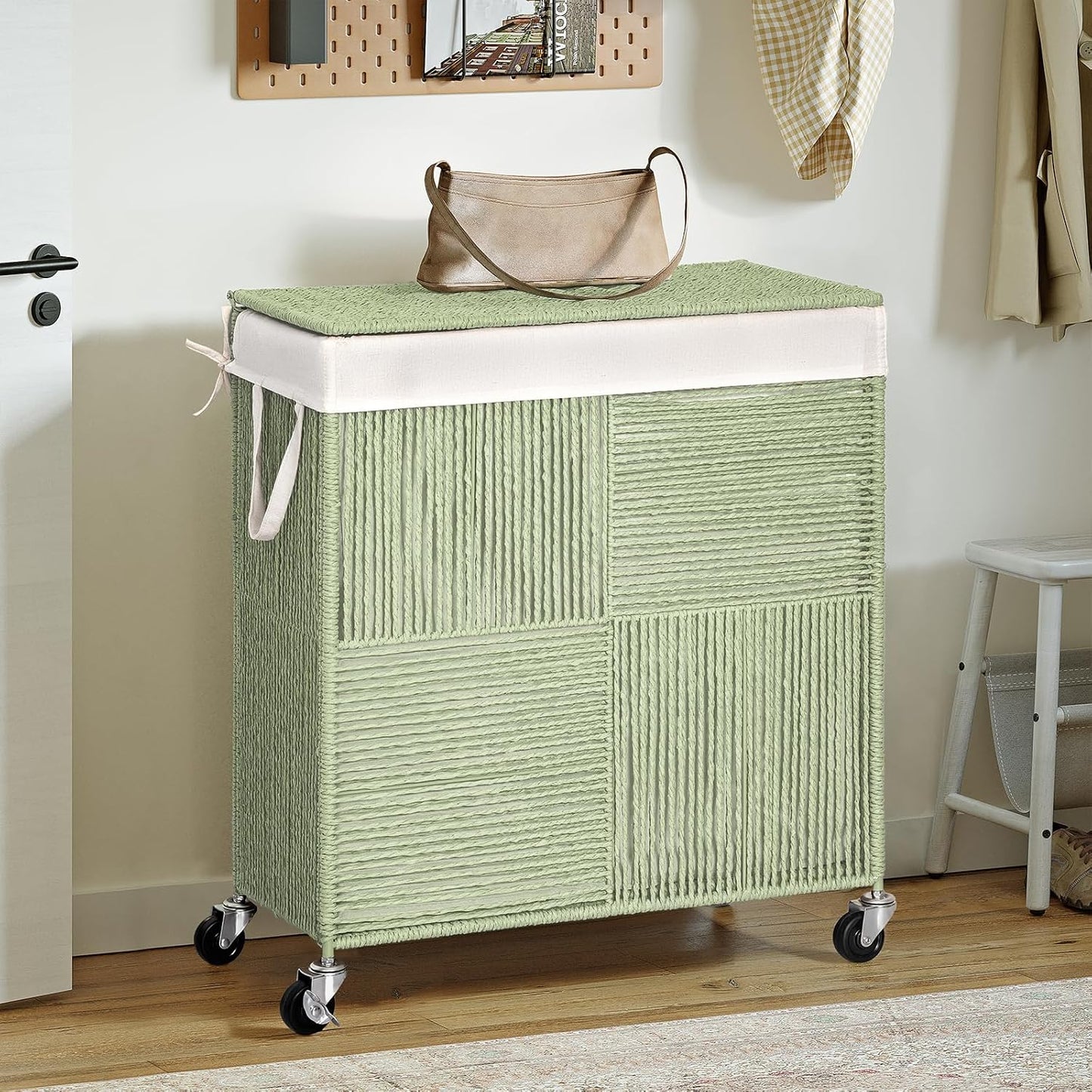 WOWLIVE Double Laundry Hamper with Lid, Handwoven Rolling Laundry Basket with Wheels, 115L Dirty Clothes Hamper with Removable Liner Bag Large Capacity Laundry Sorter Laundry Room Organization,Natural