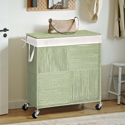 WOWLIVE Double Laundry Hamper with Lid, Handwoven Rolling Laundry Basket with Wheels, 115L Dirty Clothes Hamper with Removable Liner Bag Large Capacity Laundry Sorter Laundry Room Organization,Natural