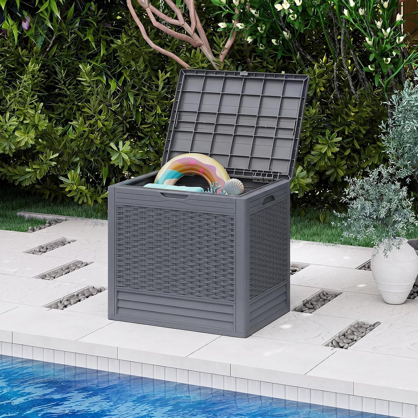 Tangkula 25 Gallon Waterproof Outdoor Storage Box with Lockable Lid | PP Resin, Wicker Patterned, Indoor Outdoor Use, Portable, Versatility, for Deck, Pool, Patio Cushions, Garden Tools