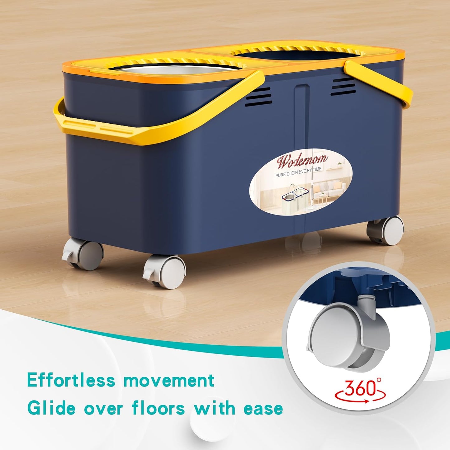 Compact Spin Mop and Bucket with Clean & Dirty Water System, Floor Mop with 360° Swivel Wheels, 61" Handle, 6 Reusable Mop Heads for for Wood, Tile, Vinyl, Baseboards- Blue/Yellow