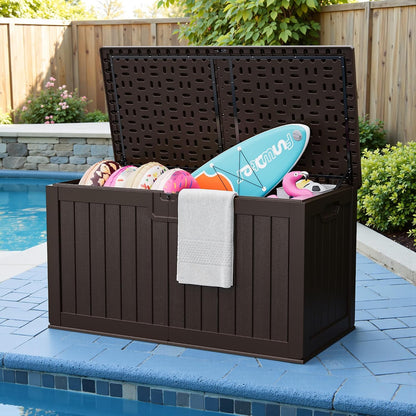 JUMMICO 31 Gallon Resin Deck Box Waterproof Indoor Outdoor Storage Boxes for Patio Furniture Cushions and Garden Tools (Brown)