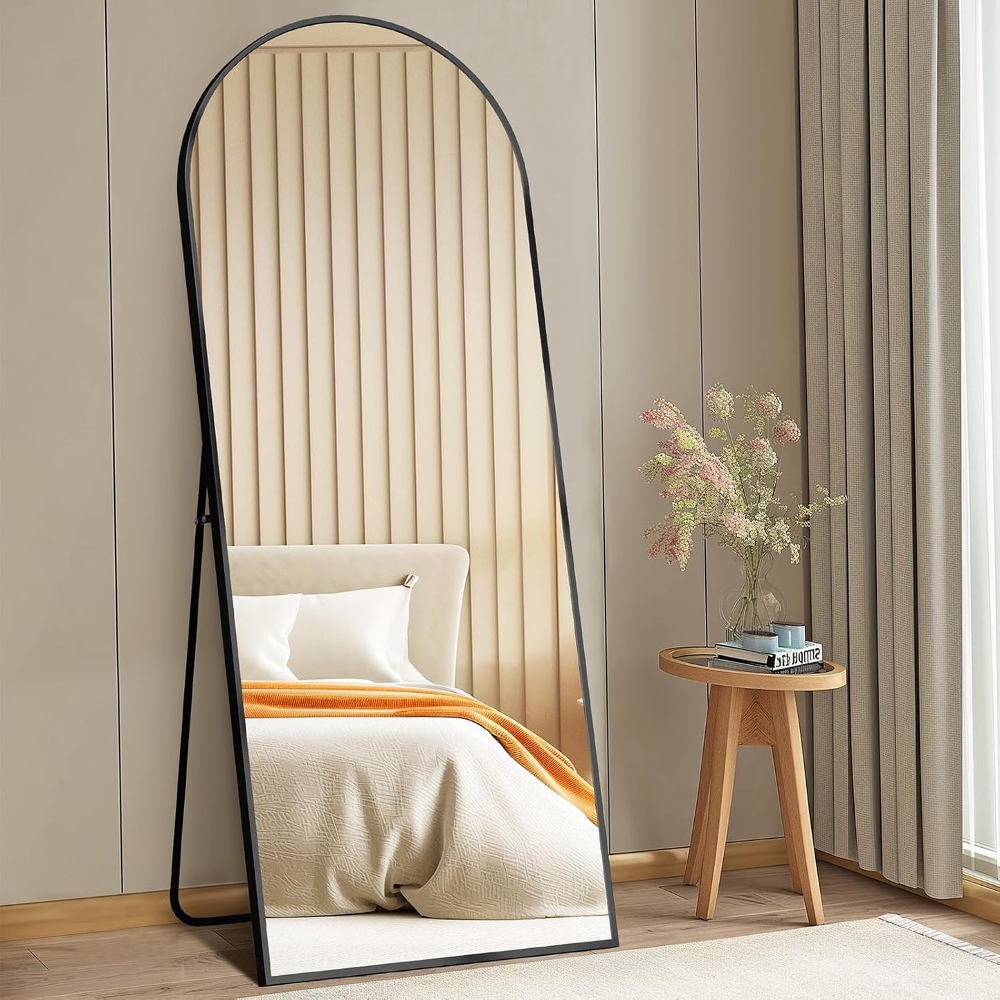 59"x16" Arched Full Length Mirror, Full Body Mirror with Leaning or Standing, Floor Standing Aluminum Frame for Bedroom, Livingroom, Cloakroom, Black