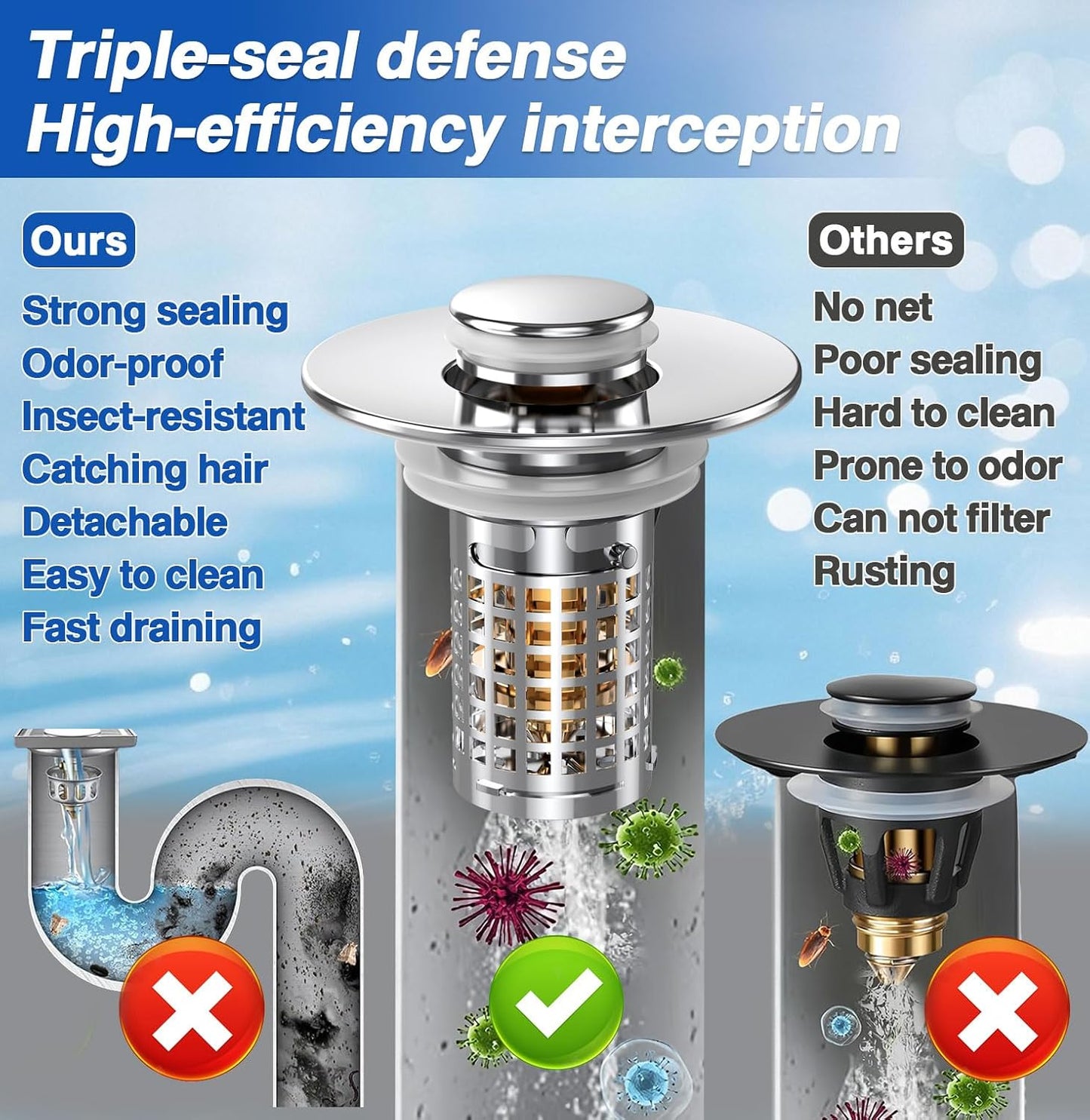 Bathroom Sink Stopper, Pop-up Sink Drain Strainer with Removable Stainless Steel Strainer Basket Hair Catcher, Bathroom Sink Strainer for Bathroom Sink Stopper (2PCS)