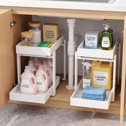 Bamboo Under Sink Organizer and Storage, 2 Pack Pull Out Cabinet Organization, 2 Tier Vertical Slide Out Undersink Storage Shelf, Multi-Purpose Organizer Shelves for Kitchen Bathroom Medicine