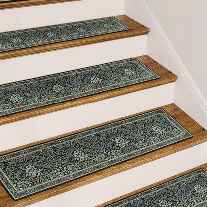 OJIA Floral Stair Treads Non-Slip Stair Runner for Wooden Steps Indoor 15PCS 30"x8" Carpet Stair Treads Stair Mats Staircase Step Treads for Kids, Elders and Dogs, Stair Covers, Black