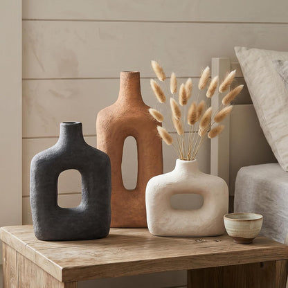 DREAMLOOM Ceramic Vase Set of 3, Modern Rustic Flower Vases for Pampas Grass, Dried & Fresh Flowers, Farmhouse Home Decor Vase for Living Room Bedroom Kitchen Shelf Centerpiece, Classic