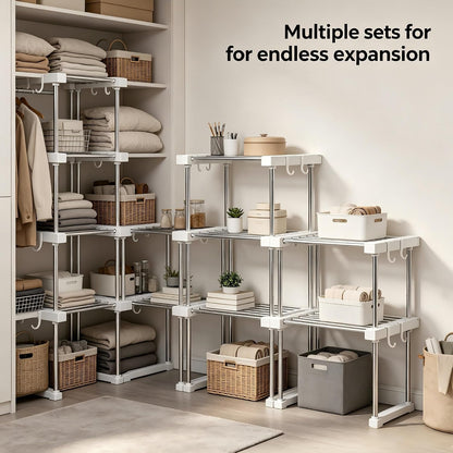BLULEE Expandable Under Sink Organizer, 2-Tier Adjustable Storage Shelf | Heavy-Duty Stainless Steel Cabinet Rack for Kitchen Pantry & Bathroom Vanity, Stackable Organization System