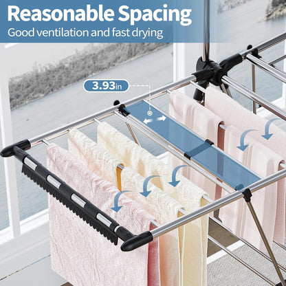 APEXCHASER Clothes Drying Rack with High Hanger, Foldable 3-Level Drying Racks with Shoe Rack, Crossbar and Vertical Rod Laundry Stand with Adjustable Wings Silver