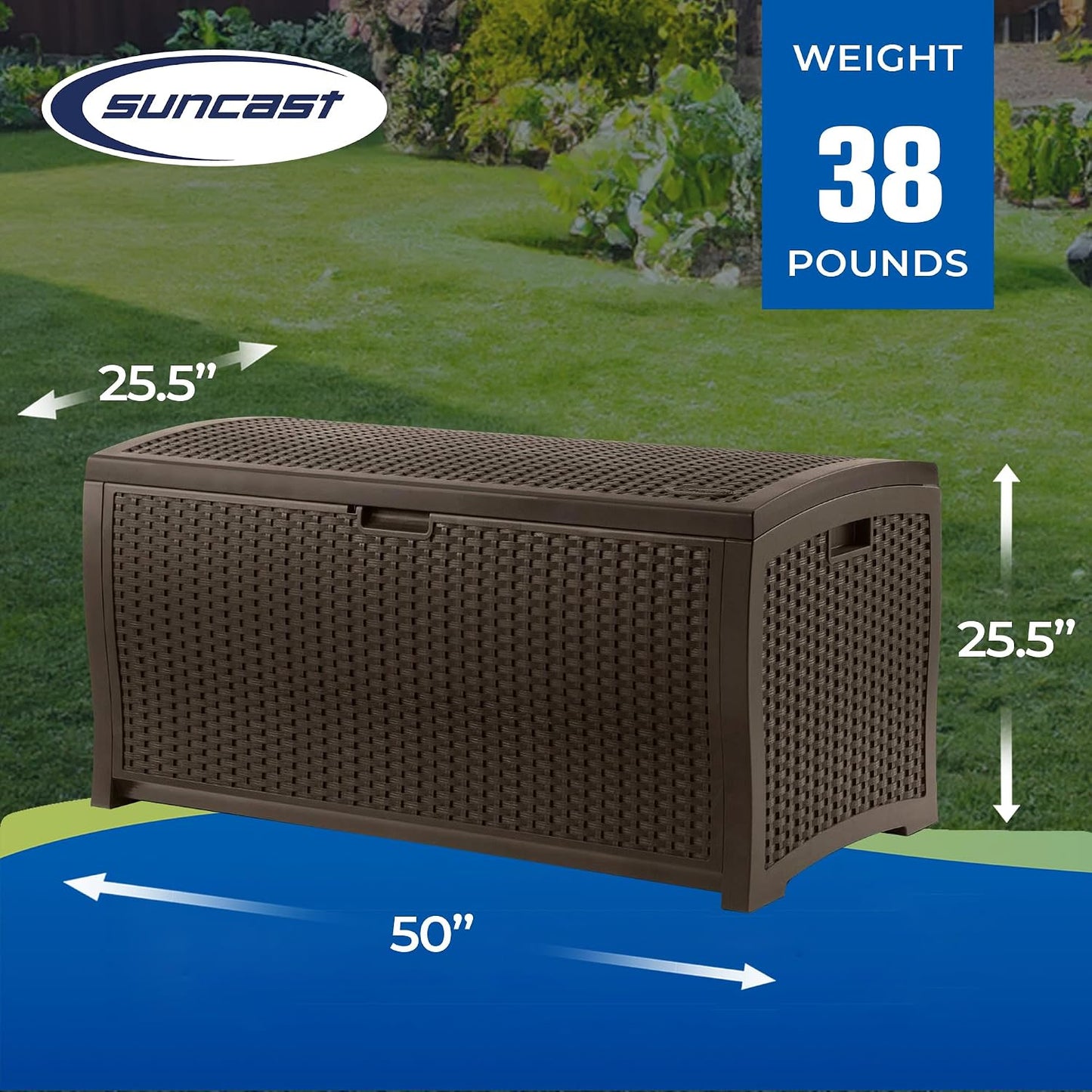 Suncast DBW9200 99 Gallon Outdoor Wicker resin Patio Storage Chest Bin with Handles for Patio, Garden, Garage, or Pool for All Weather, Mocha