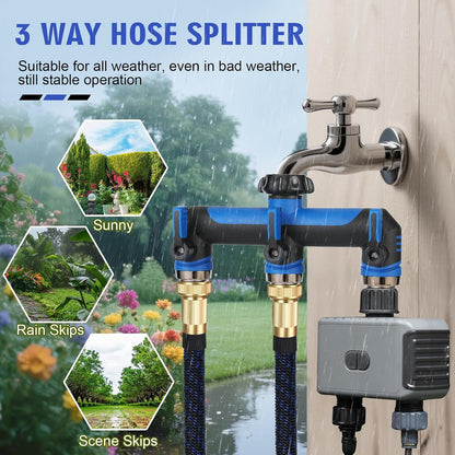 ATAOSGRGarden Hose Splitter 3 Way, 3/4" Outdoor Faucet Splitter, Tap Connector with On/Off Valves and Extended Handle, Tap Adapter Garden Hose Connector for Garden Outdoor Home - Greens
