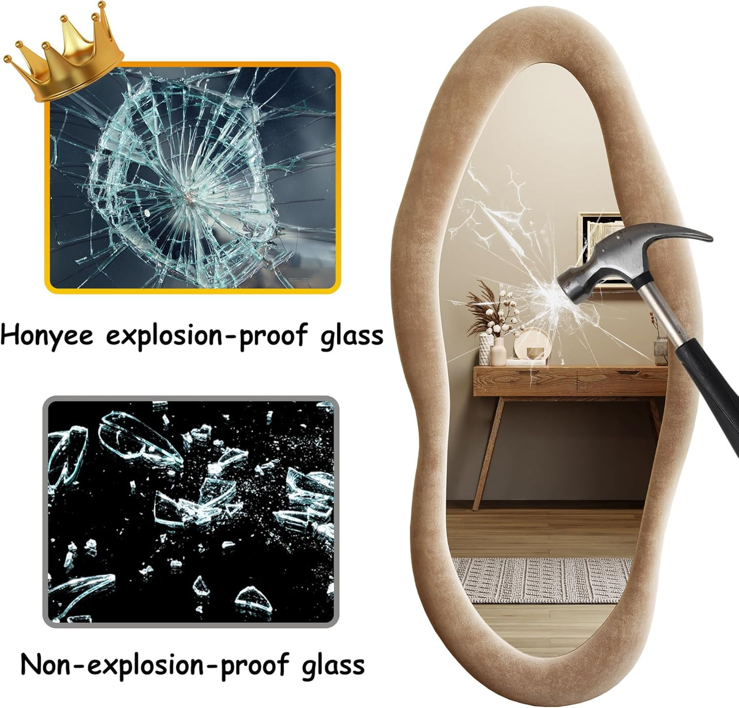 Honyee Full Length Mirror, 63" x 24" Wall Mirror, Flannel Wrapped Wooden Frame Floor Mirror, Irregular Wavy Mirror Hanging or Leaning Against Wall for Cloakroom/Bedroom/Living Room, Milk Tea