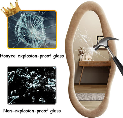 Honyee Full Length Mirror, 63" x 24" Wall Mirror, Flannel Wrapped Wooden Frame Floor Mirror, Irregular Wavy Mirror Hanging or Leaning Against Wall for Cloakroom/Bedroom/Living Room, Milk Tea