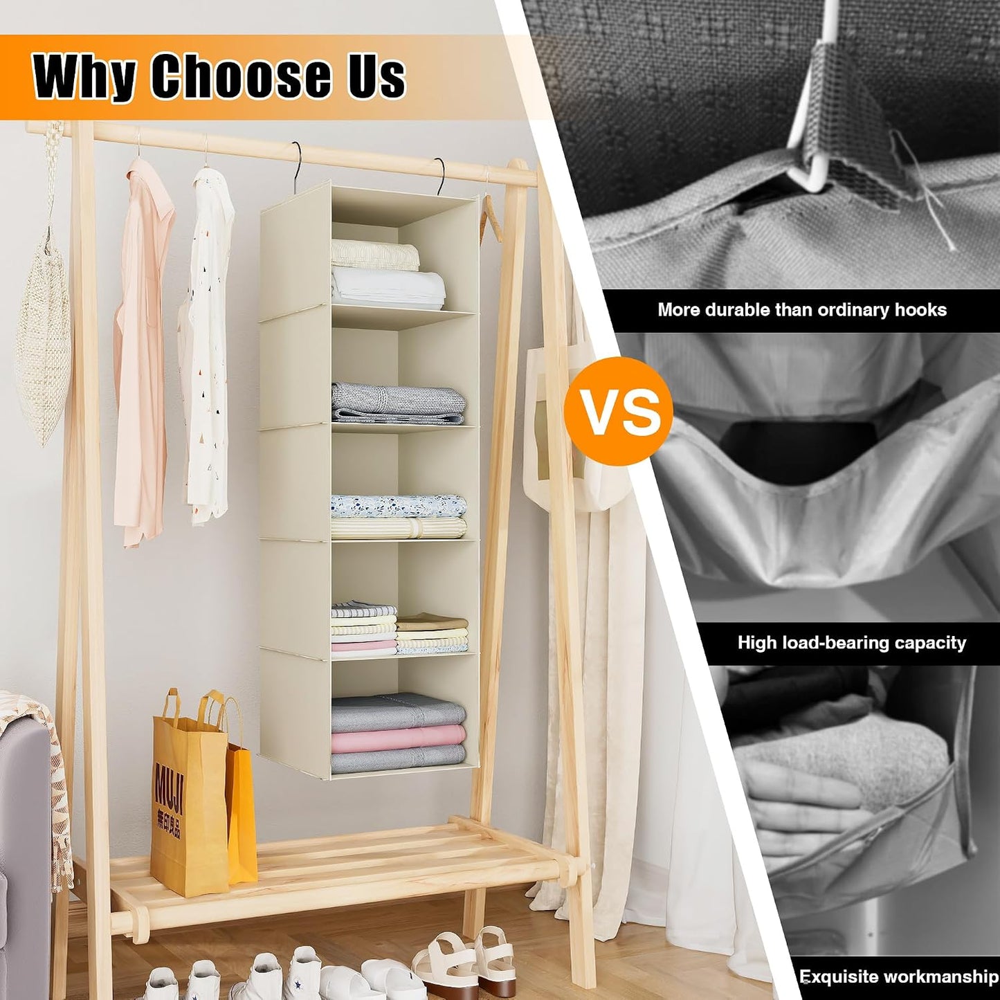 Hanging Closet Organizer 3-Shelf, Oxford Fabric Wardrobe Storage, Gray | Easy-mount foldable design holds clothes, handbags, shoes & accessories; washable Oxford fabric, sturdy and space-saving.