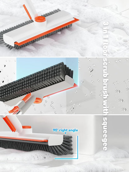 Floor Scrub Brush with Long Handle, 3 in 1 Scrape and Heavy-Duty Stiff Bristle Floor Scrubber Brush with Squeegee and Tweezer for Cleaning Tile Wall Deck Bathroom Patio Garage Kitchen (White)