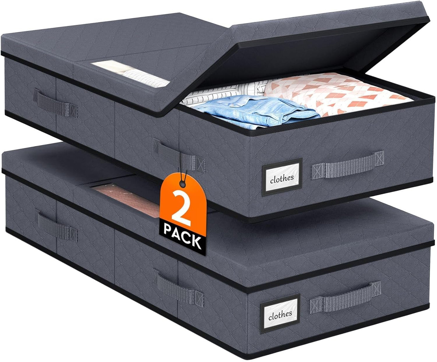 StoreHappily Under Bed Storage Containers with Lids - 2 Pack, Foldable and Stackable Clothes Storage Bags with Clear Window, 3-Sided Handles and Label Slot for Clothing, Blankets, Pillows (Grey)