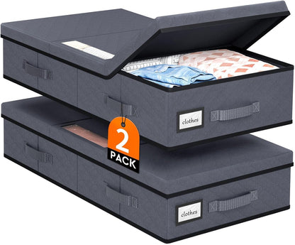 StoreHappily Under Bed Storage Containers with Lids - 2 Pack, Foldable and Stackable Clothes Storage Bags with Clear Window, 3-Sided Handles and Label Slot for Clothing, Blankets, Pillows (Grey)