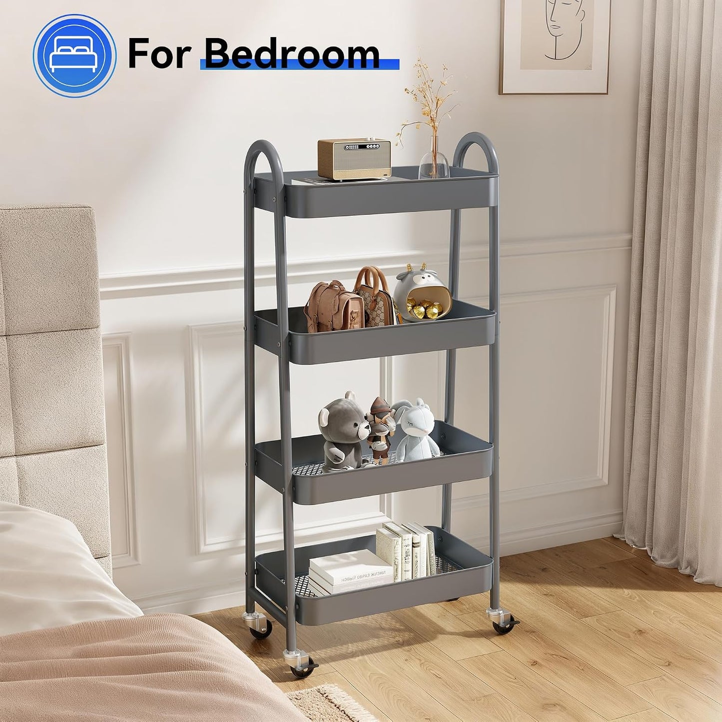 NEWBULIG 3-Tier Rolling Storage Cart, Metal Mobile Utility Organizer Shelf with Lockable Wheels, Space-Saving Freestanding Storage for Bathroom Living Room and Narrow Corner Spaces, Green