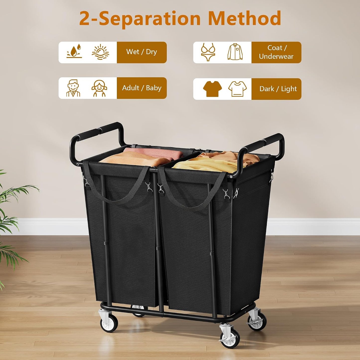 Gewudraw Large laundry hamper with Wheels, 3 Bag Big Rolling Laundry Hamper Sorter Cart, Extra Large Laundry Clothes Hamper, Heavy Duty Laundry Basket Organizer for Laundry Room,Bathroom,Black