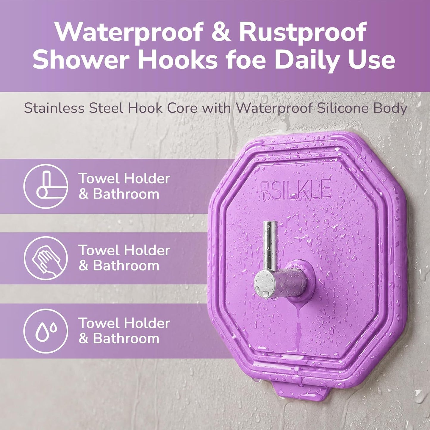 SILKLE Adhesive Silicone Shower Hooks - Adhesive Wall Hooks & Towel Holder for Bathroom, Tile, Glass, No-Drill, Waterproof & Rustproof, Heavy-Duty Stainless Steel, Damage-Free Removal - 2 Pack, Brown