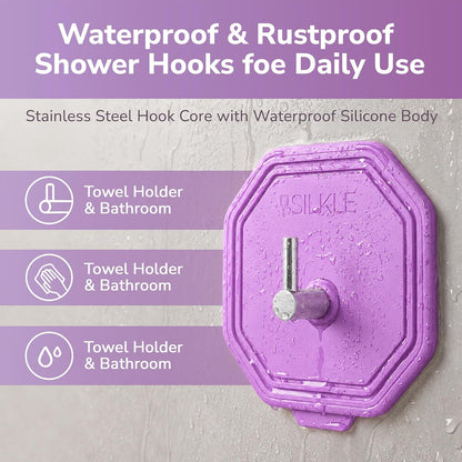 SILKLE Adhesive Silicone Shower Hooks - Adhesive Wall Hooks & Towel Holder for Bathroom, Tile, Glass, No-Drill, Waterproof & Rustproof, Heavy-Duty Stainless Steel, Damage-Free Removal - 2 Pack, Brown