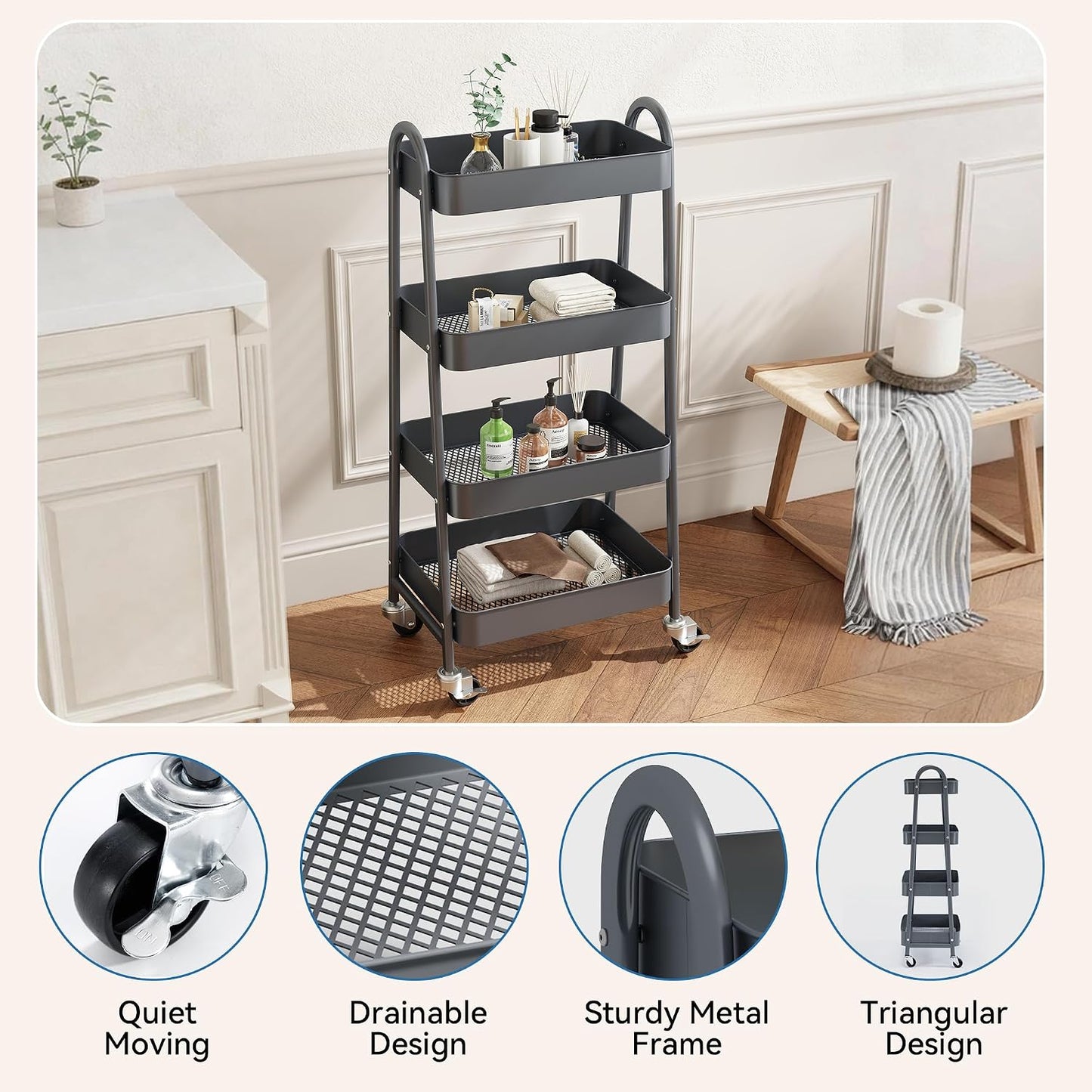 OLIXIS Metal 4 Tiers Utility Rolling Cart, Mobile Storage Shelf with Lockable Caster Wheels, Organization for Livingroom, Bathroom, Kitchen, & Narrow Places, 4-Tier Green