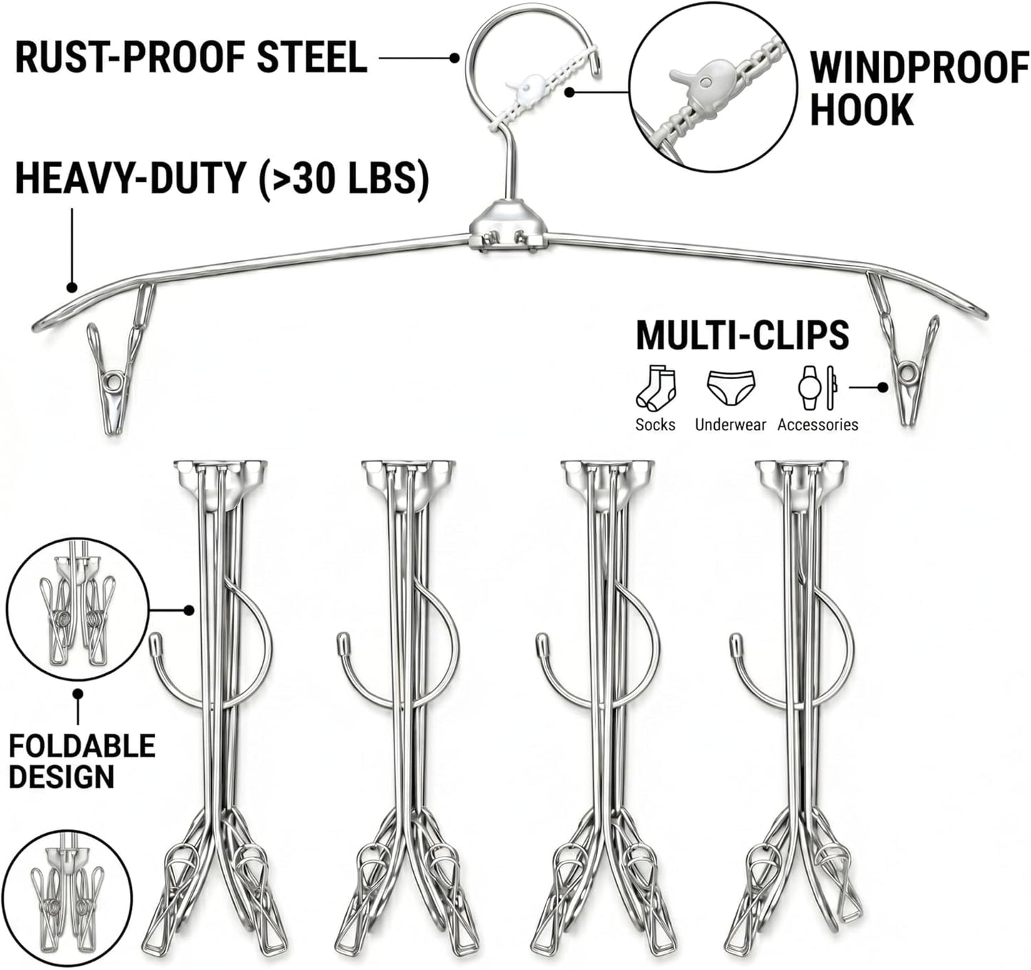 ROOM127 Travel Hangers with Clips, 5 Pack Foldable Stainless Steel Hangers | Windproof Non-Slip Portable Clothes Hangers for Cruise, Camping, RV, Hotel, Suitcase, Silver