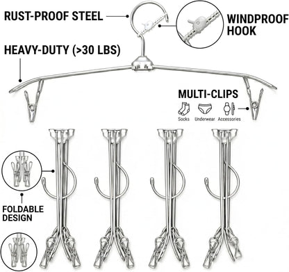 ROOM127 Travel Hangers with Clips, 5 Pack Foldable Stainless Steel Hangers | Windproof Non-Slip Portable Clothes Hangers for Cruise, Camping, RV, Hotel, Suitcase, Silver