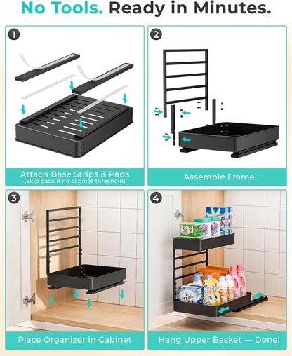 EVERIE Height Adjustable 2 Tier Metal Pull Out Slide Shelf Organizer for Under Sink Cabinets in Kitchen, Bathroom, with Snap-on Top Tray, 16" Deep (Black, 2 Sets) | Pull Out