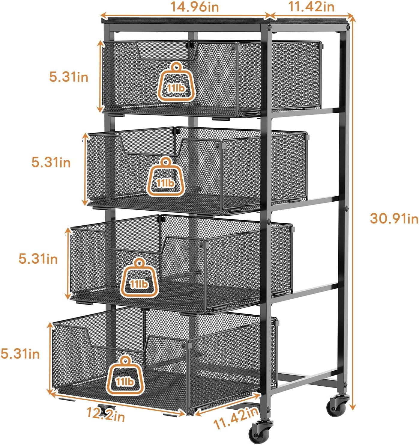 4 Tier Kitchen Rolling Cart, Kitchen Storage Cart with Wheels, Adjust Pantry Organizer and Storage Cart with Drawer, Fruit Vegetable Spice Storage Cart, Wooden Top Metal Kitchen Organizer Rack Stand