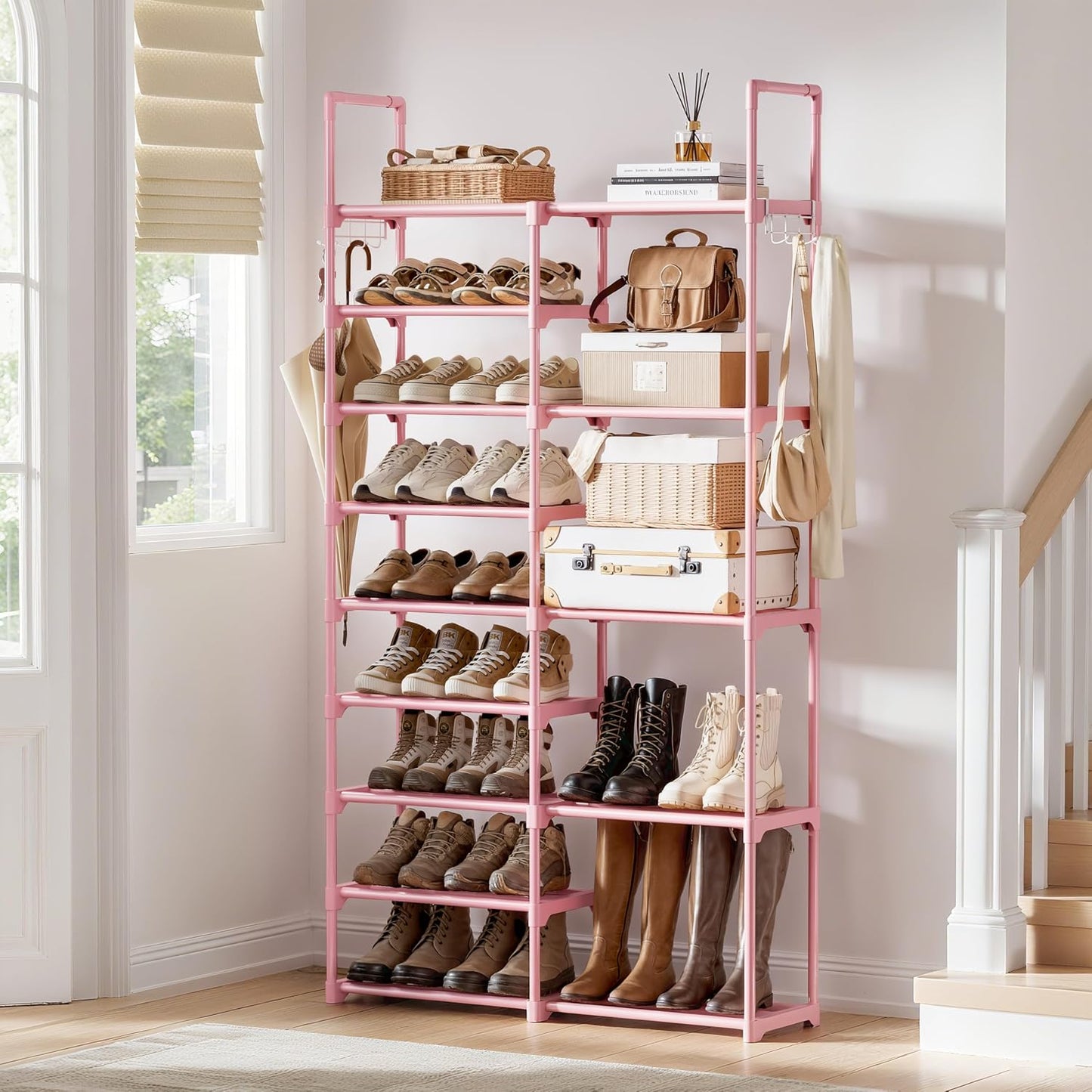 WOWLIVE 9 Tiers Large Shoe Rack Storage Organizer for Closet 50-55 Pairs Shoe Tower Unit Shelf Stackable Shoe Rack with Metal Pipes Plastic Connectors Black(SSS3B9)