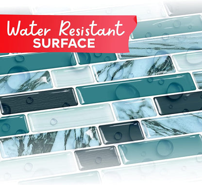XFasten Kitchen Backsplash Sticky Tiles 10pcs 12” x 12” w/Mini Cutter Teal Peel and Stick Tile Backsplash for Kitchen, Shower, and Bathroom | Waterproof Back Splashes for Kitchens Peel and Stick