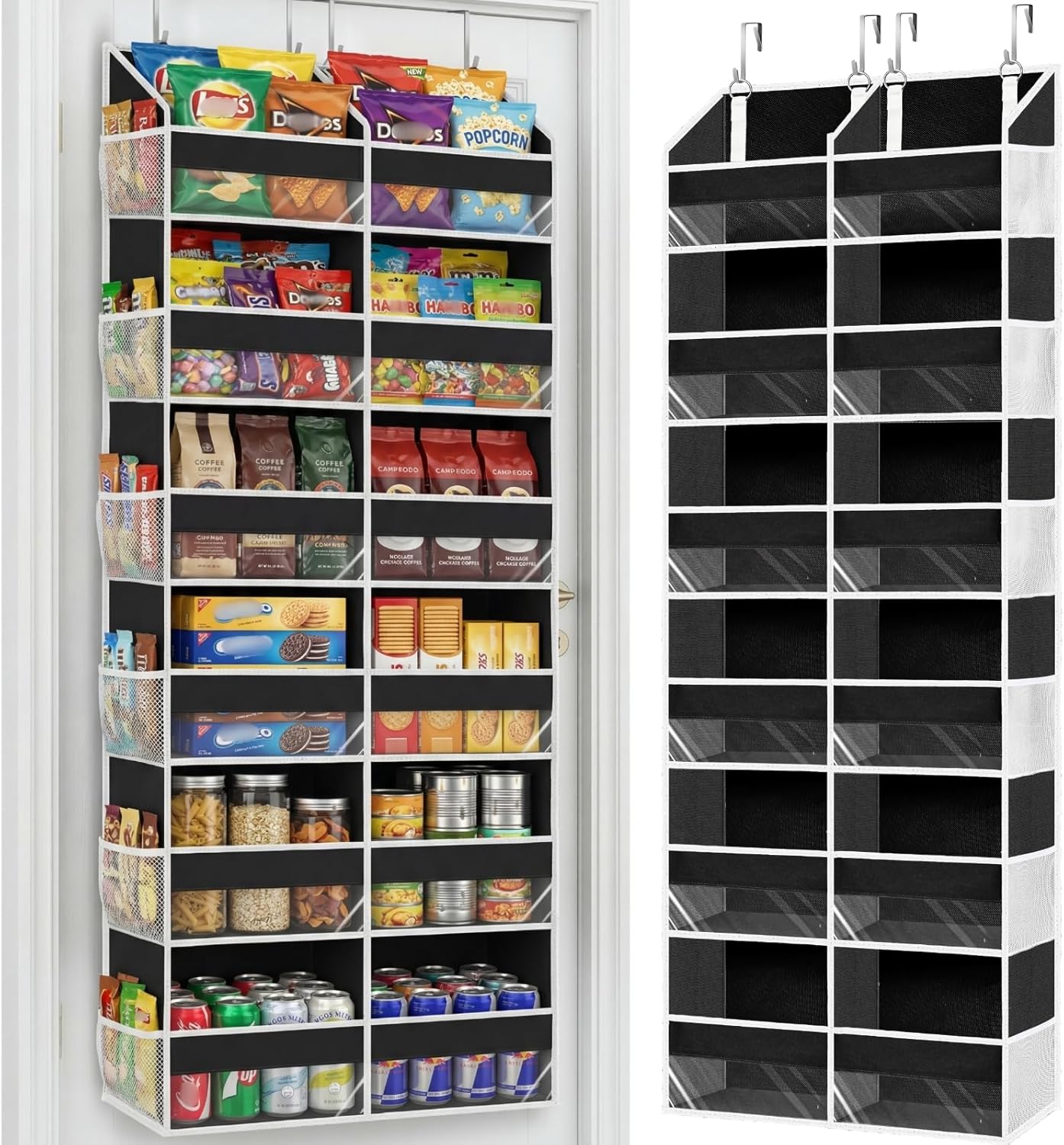 Over The Door Organizer, 5-Tier Extra Large Behind Door Storage with 10 Big Front & 10 Mesh Pockets, 80lb Capacity, Hanging Storage Organizer with Clear Window Kids Toys, Shoes, Diapers, Light Grey