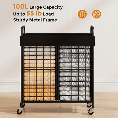 2 Section Laundry Hamper with Wheels and Brake, 100L Laundry Sorter Cart with 2 Removable Liner Bags, Metal Handle, Rolling Laundry Basket for Bedroom Laundry Room