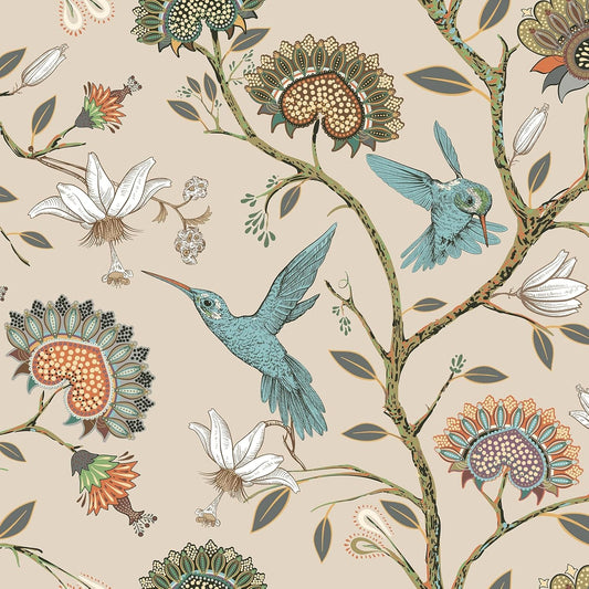 FunStick Vintage Beige Floral Peel and Stick Wallpaper Boho Bird Wallpaper Removable Beige Floral Contact Paper for Cabinets Renter Friendly Wall Paper for Bedroom Bathroom Walls Waterproof 17.5"x118"
