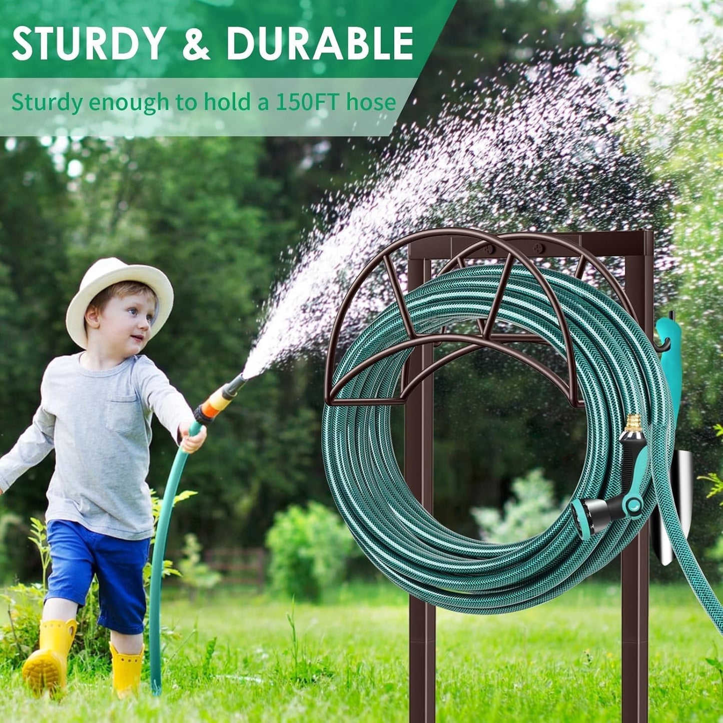 TomCare Garden Hose Holder 4 Spikes Garden Hose Reel Hose Stand Upgraded Water Hose Storage with Tool Hooks Garden Hose Hanger Organizer Holds 160ft Hoses for Outside Yard Lawn, Black