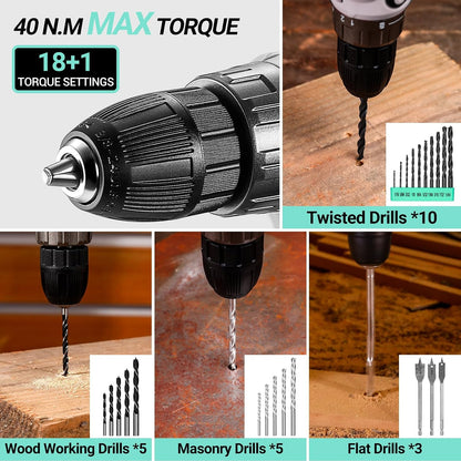 Cordless Drill Tool Kit Set: 20V Power Drill Tool Box with Battery Electric Drill Driver for Men Home Hand Repair Basic Toolbox Tools Sets Drills Case